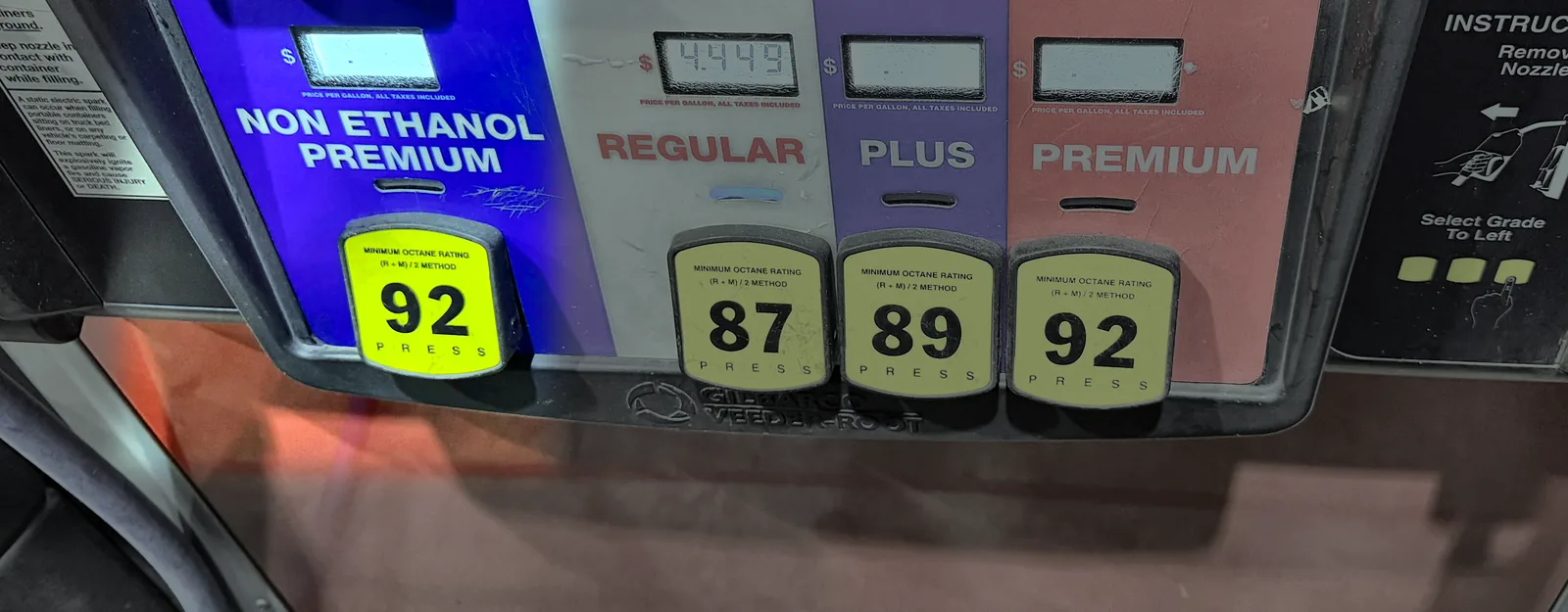 Gas pump grade panel with the non-ethanol option highlighted